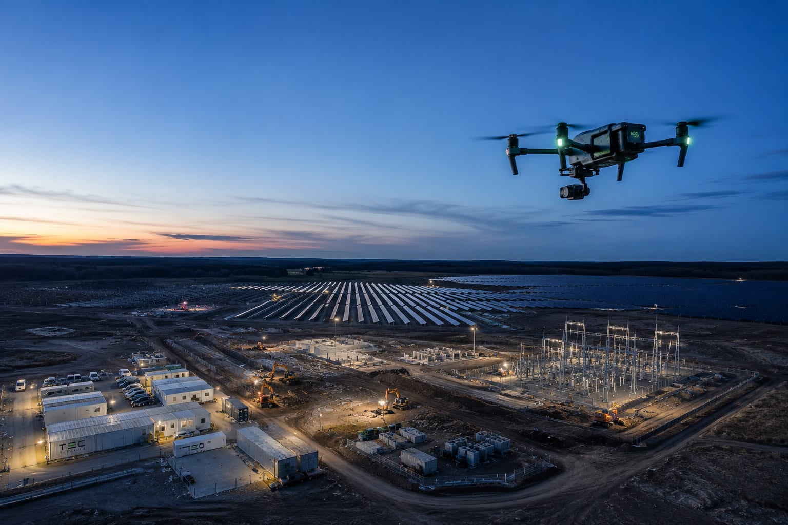Aerial dusk view of a utility-scale solar park and substation under construction, with a survey drone in the foreground