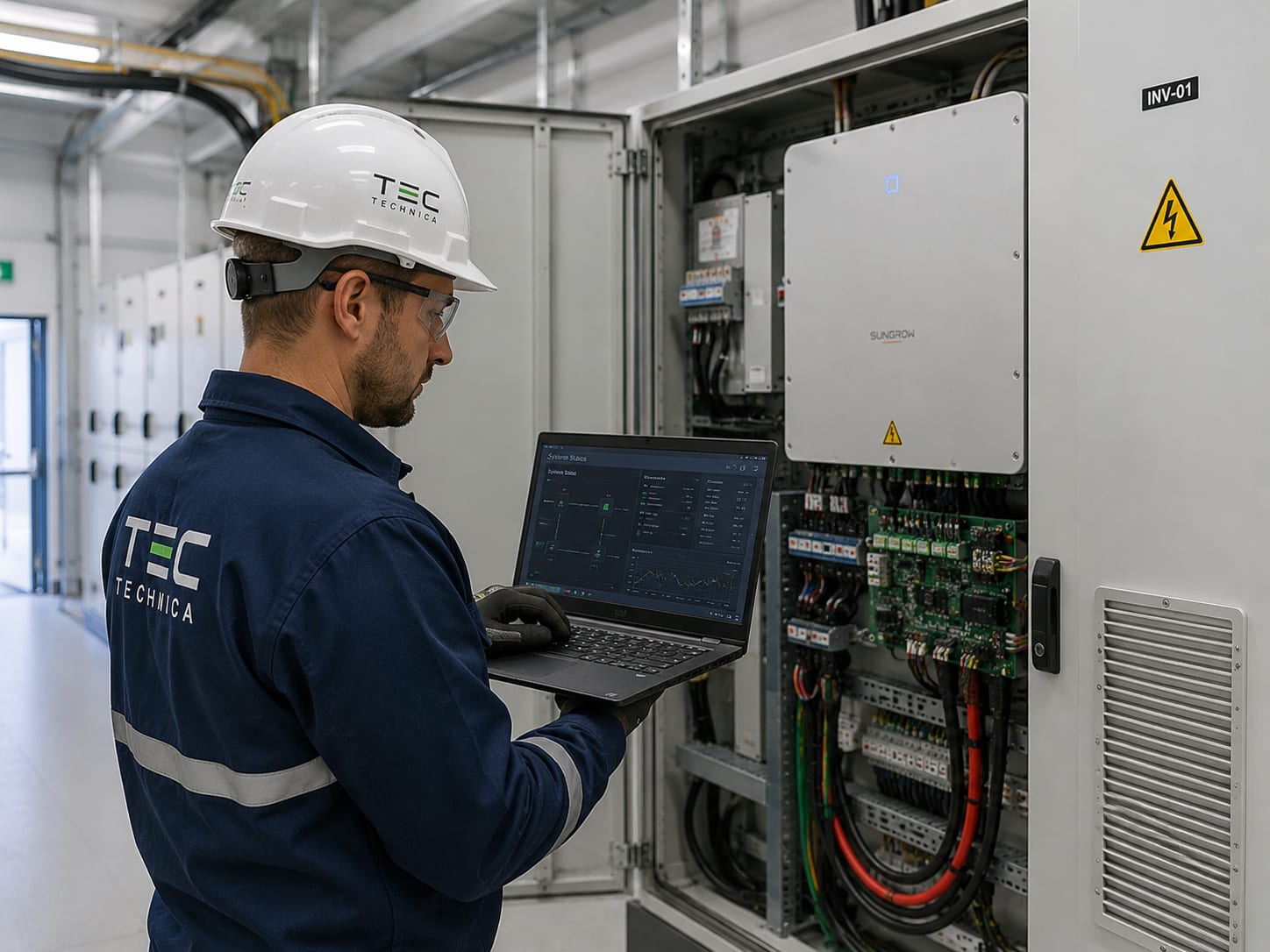 Technica technician with a laptop commissioning an inverter and control cabinet