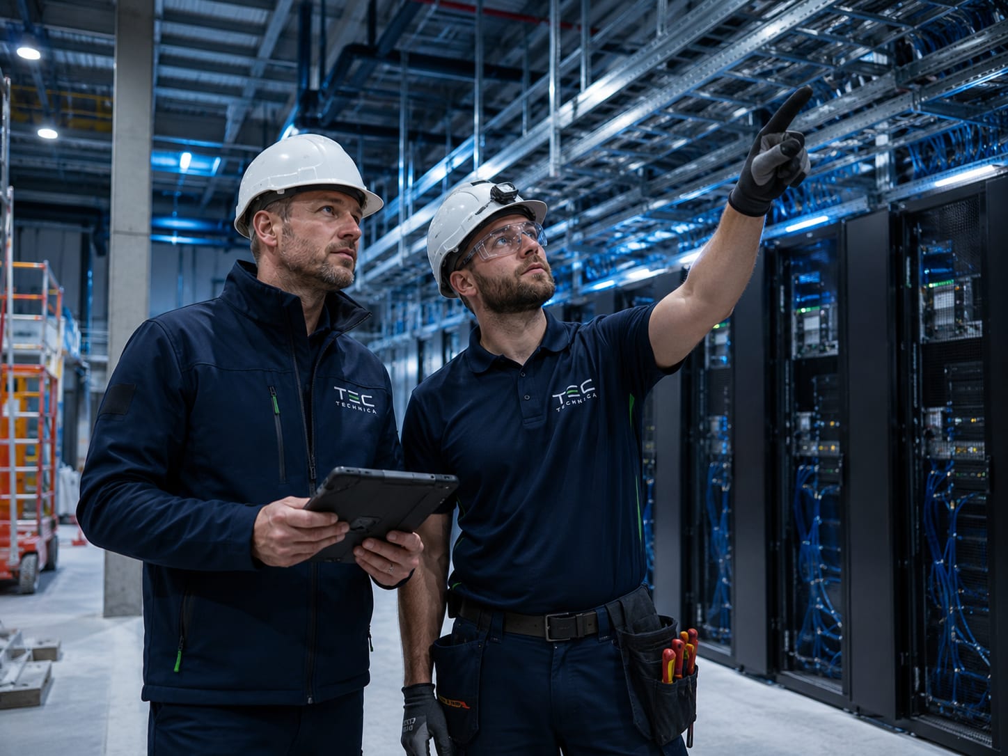Two Technica technicians inspecting server racks inside a data center hall