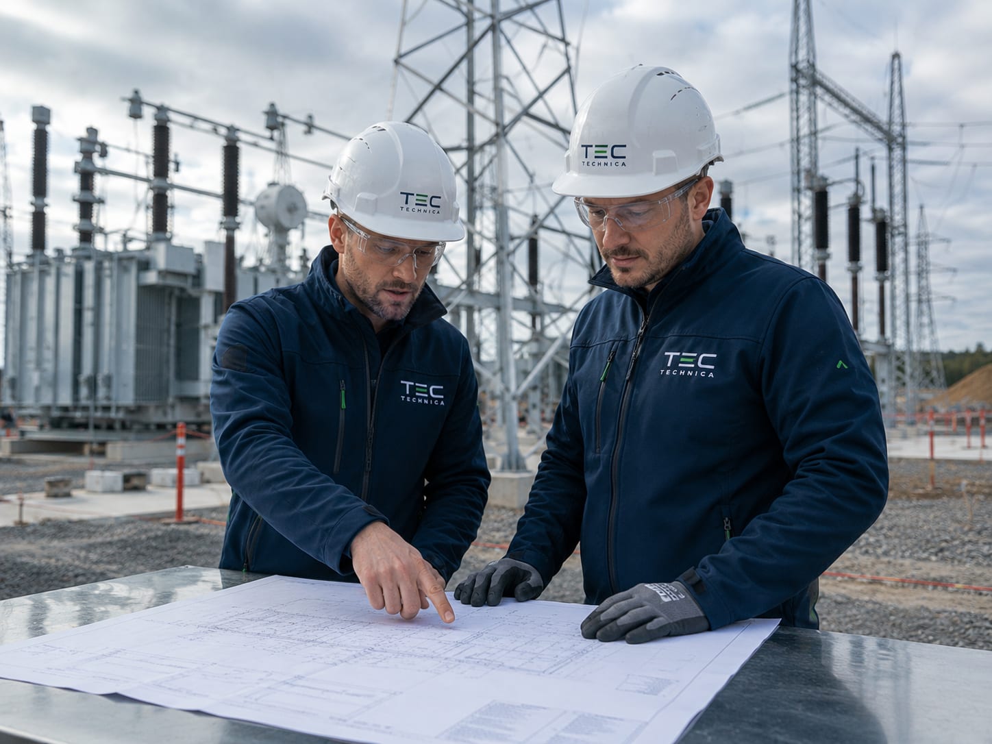 Two Technica engineers reviewing drawings in front of a high-voltage substation