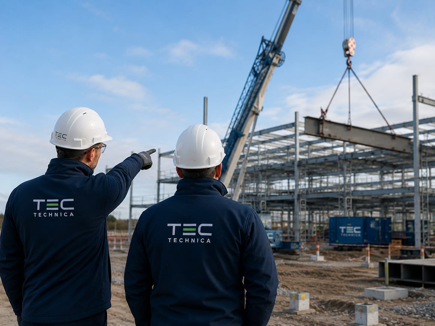 Two Technica staff observing a steel-frame industrial building under construction with a crane