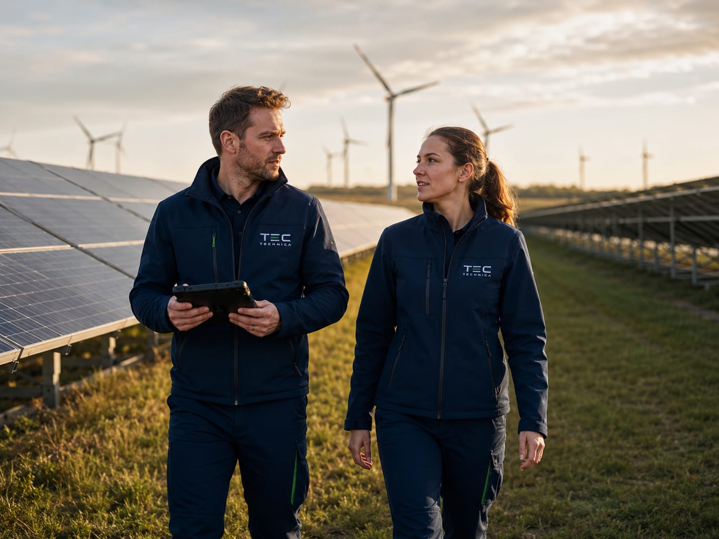 Two Technica engineers walking through a solar PV site with wind turbines behind