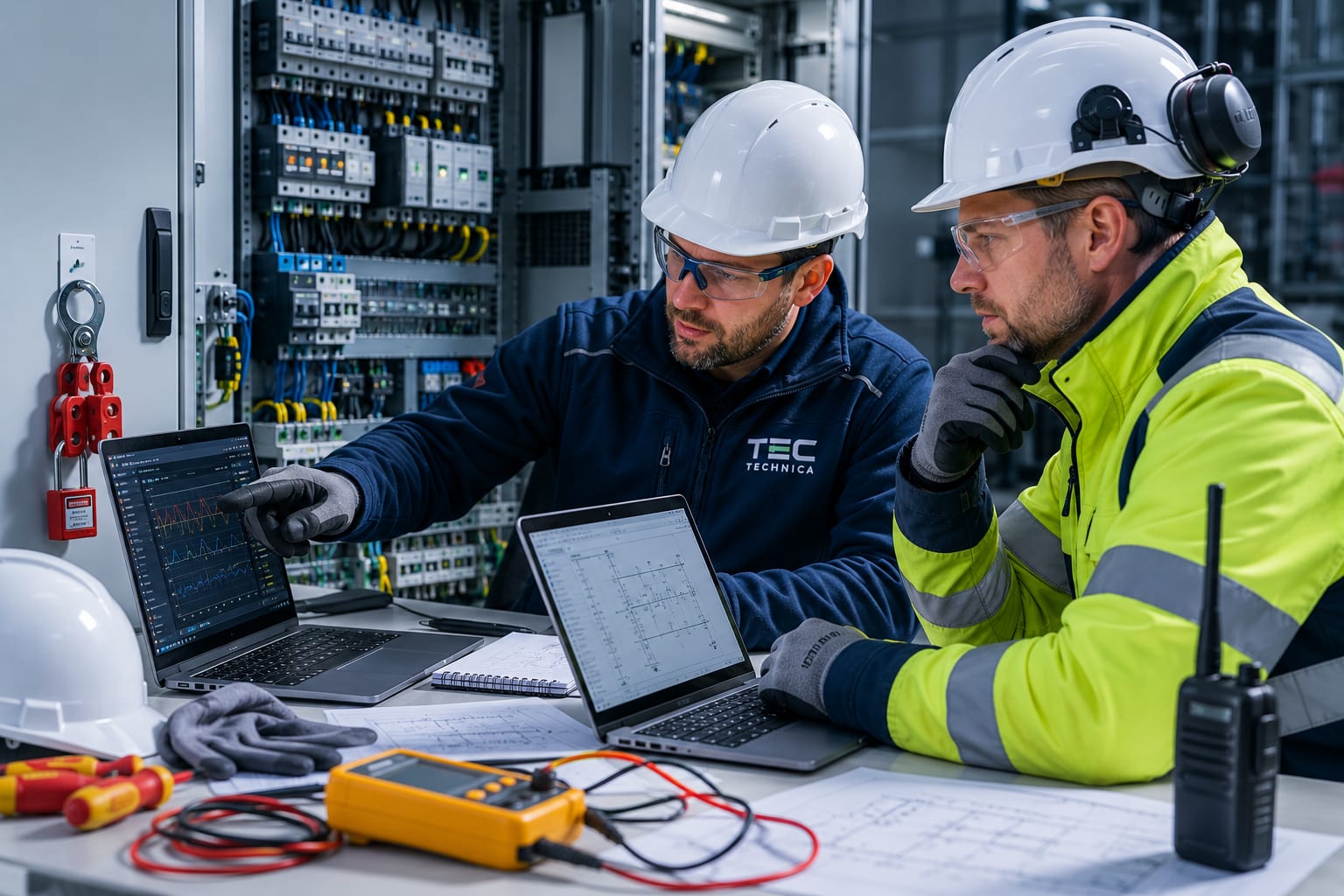 Engineers performing commissioning checks in an electrical infrastructure environment