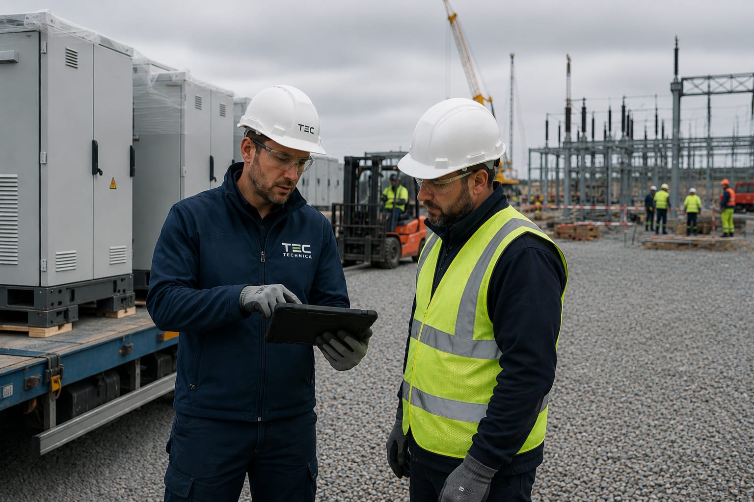 Construction manager walking an active infrastructure site with subcontractor supervisors