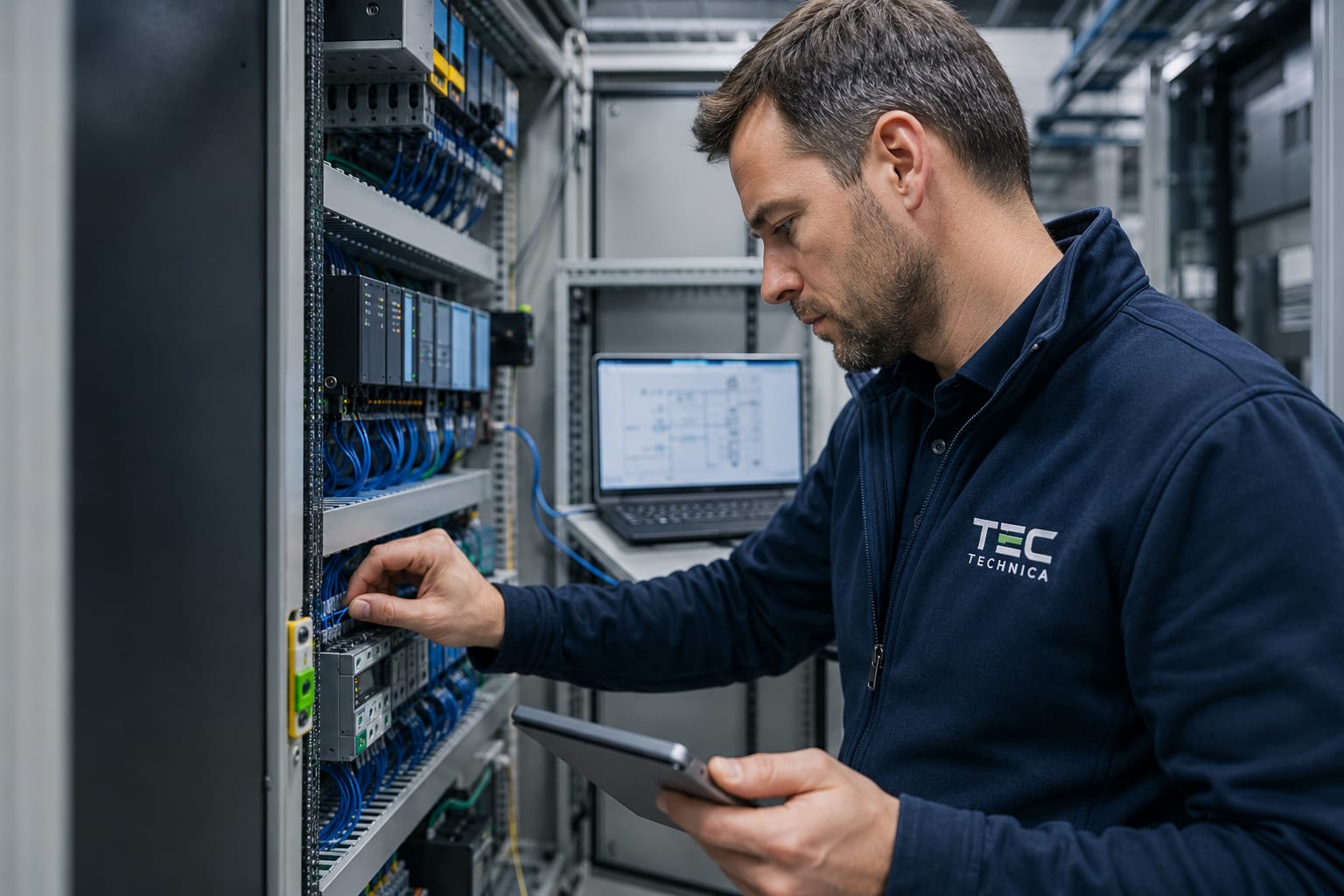 Engineer inspecting an industrial control cabinet or SCADA network panel