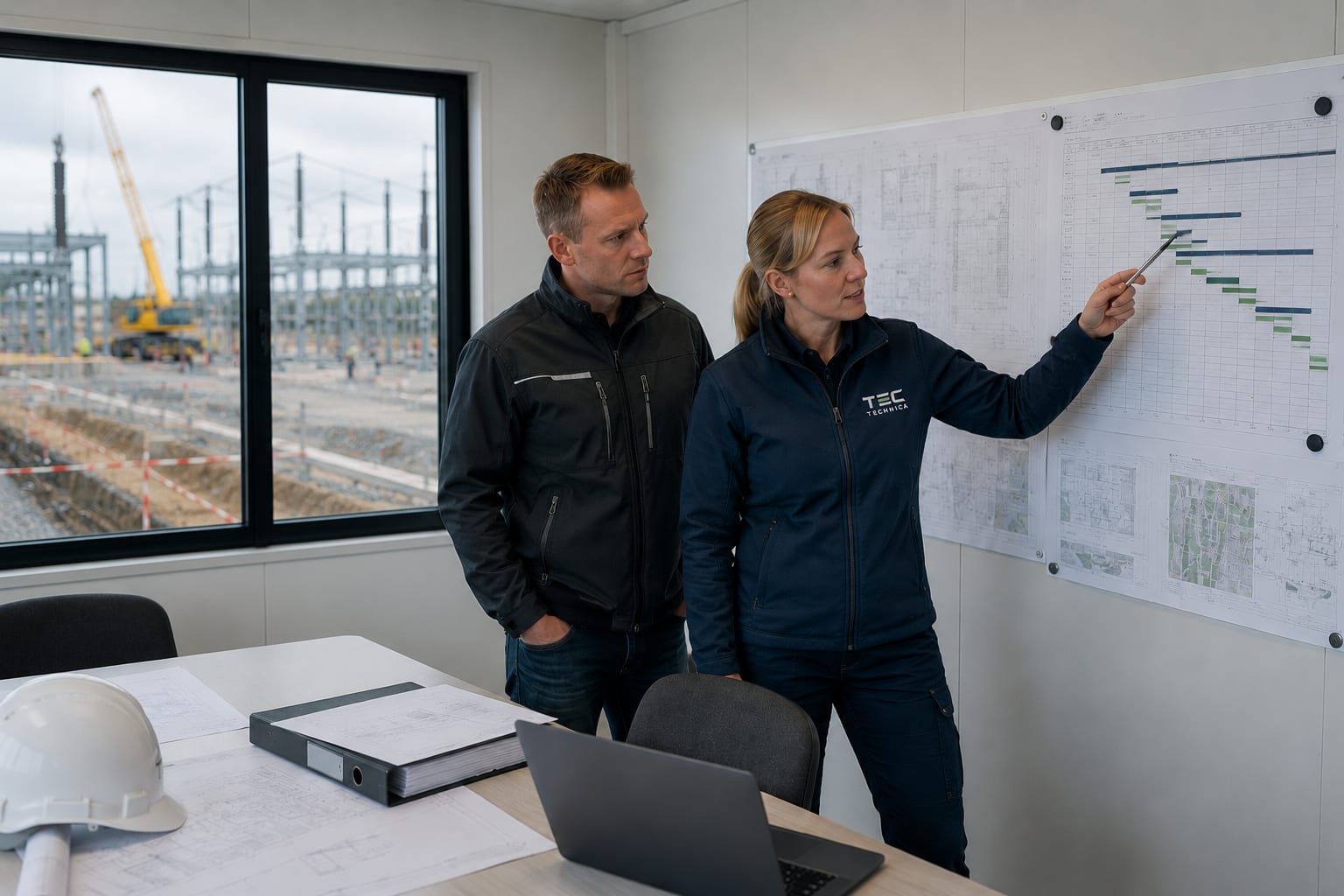 Site coordination meeting in a temporary construction office with programme review