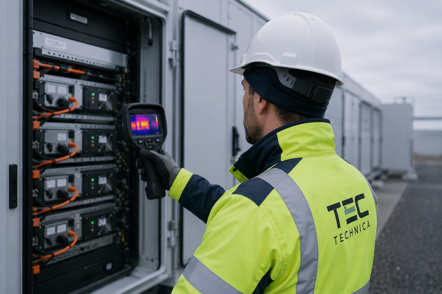 O&M technician inspecting renewable energy equipment with tablet and thermal camera