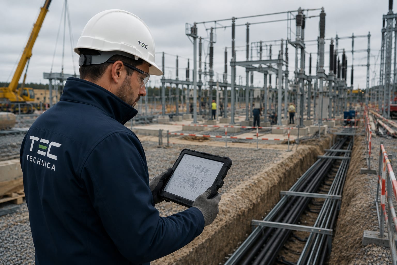 Owner's engineer inspecting technical drawings on a tablet at an infrastructure construction site