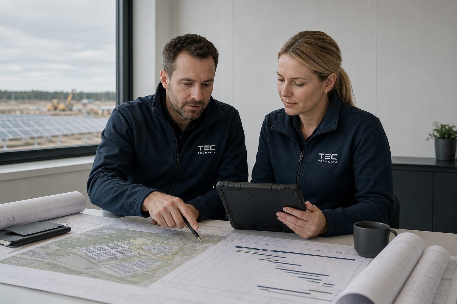 Experienced project professionals reviewing early-stage infrastructure plans in a Scandinavian meeting room