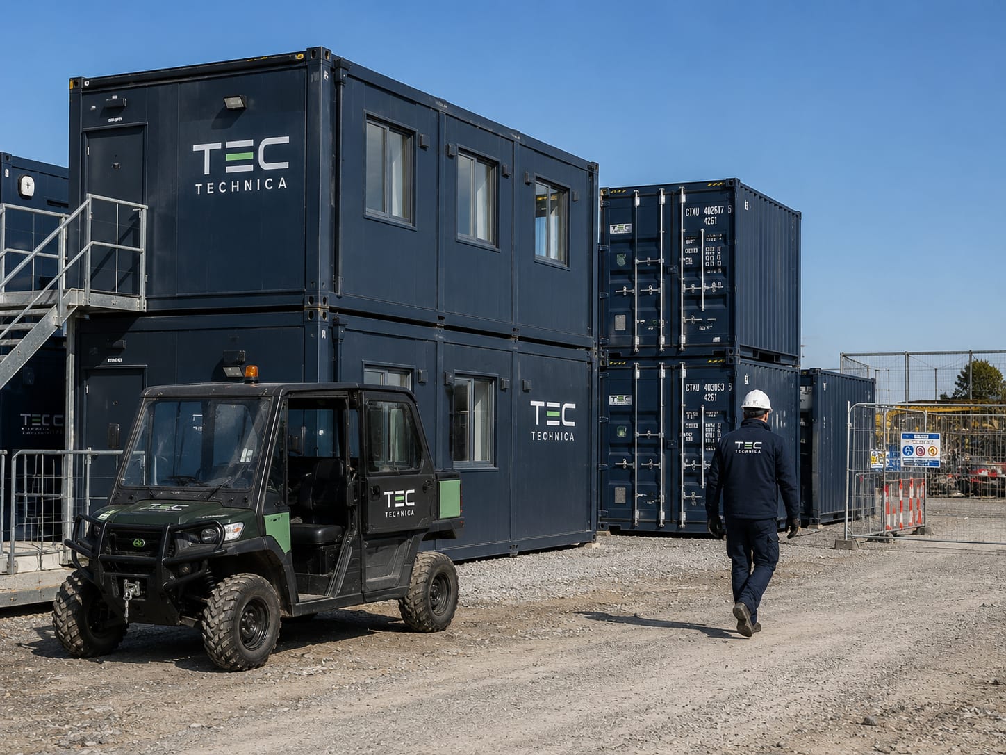 Construction site compound with modular offices, containers and a UTV