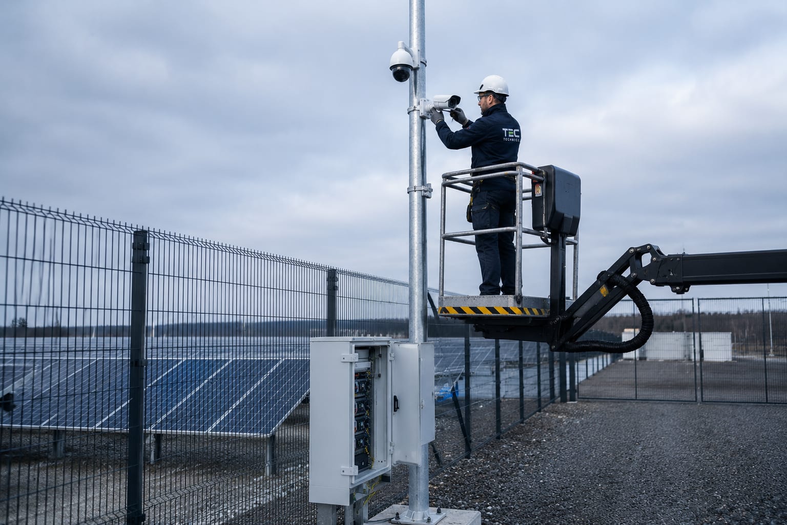 Technica technician installing a perimeter surveillance camera and access-control cabinet at a solar site