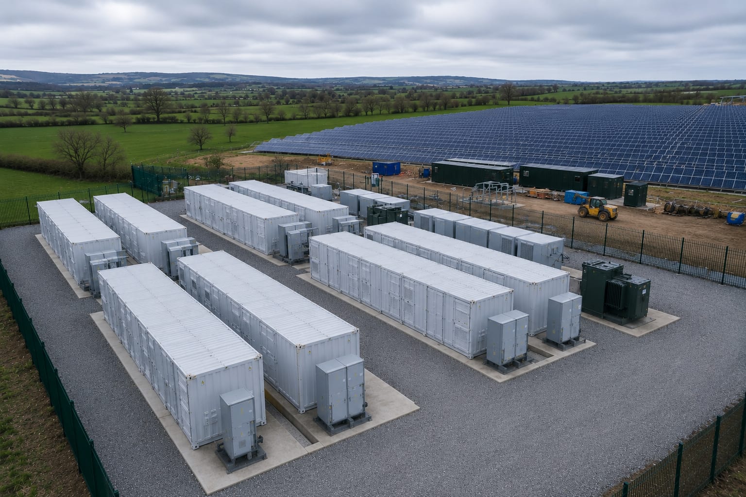 Battery energy storage containers alongside a solar PV array in the UK