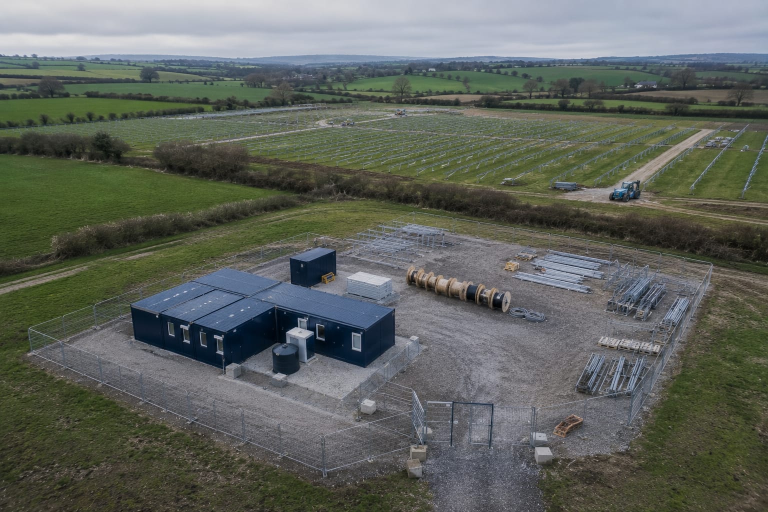 Aerial view of a utility-scale solar PV site under construction in Ireland